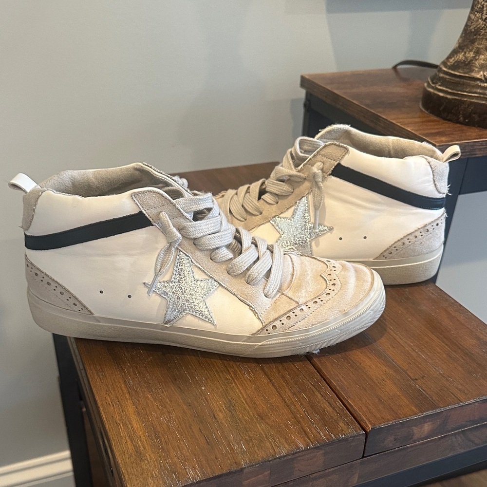 ShuShop White and Silver Star High-Top Sneakers
